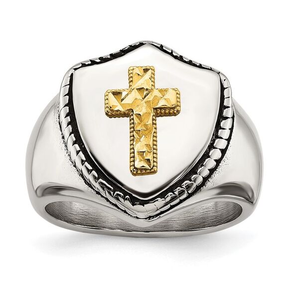 Kazi Luxury Steel 14k Yellow Gold Accent Antiqued & Cross on Shield Ring